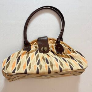 Stylish Brown and Cream Handbag Linen Cotton Boho Wicker Purse